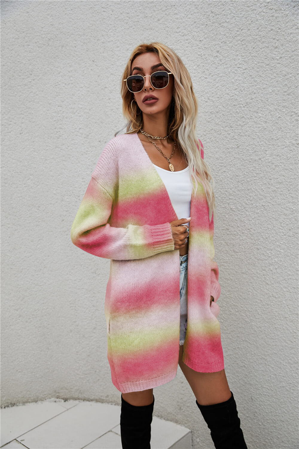 Multicolored Gradient Open Front Longline Cardigan