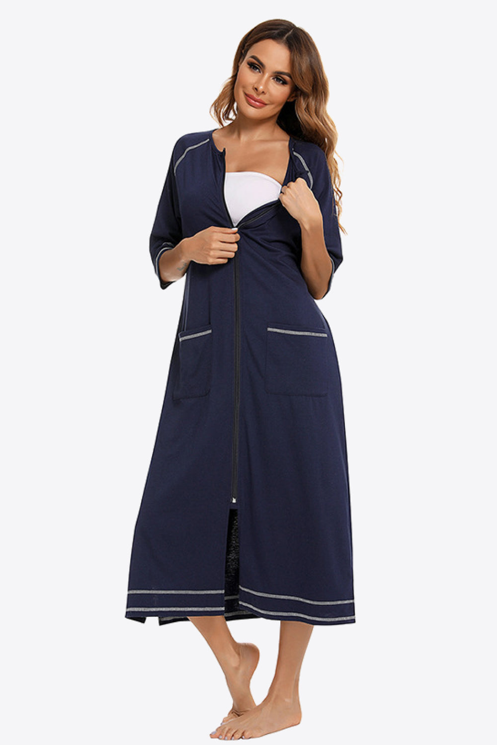 Zip Up Slit Night Dress with Pockets