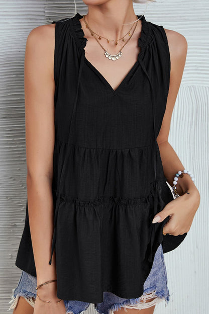 Tie Neck Frill Trim Sleeveless Babydoll Top