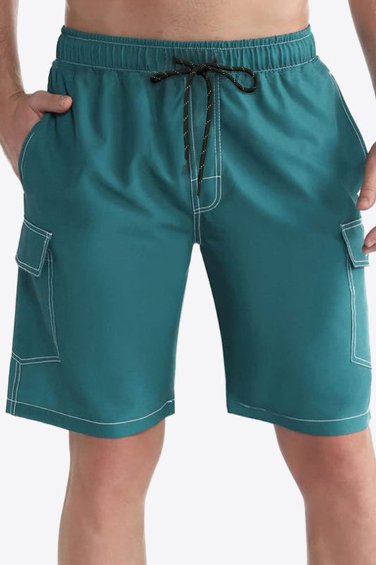 Contrast Stitching Drawstring Waist Cargo Shorts
