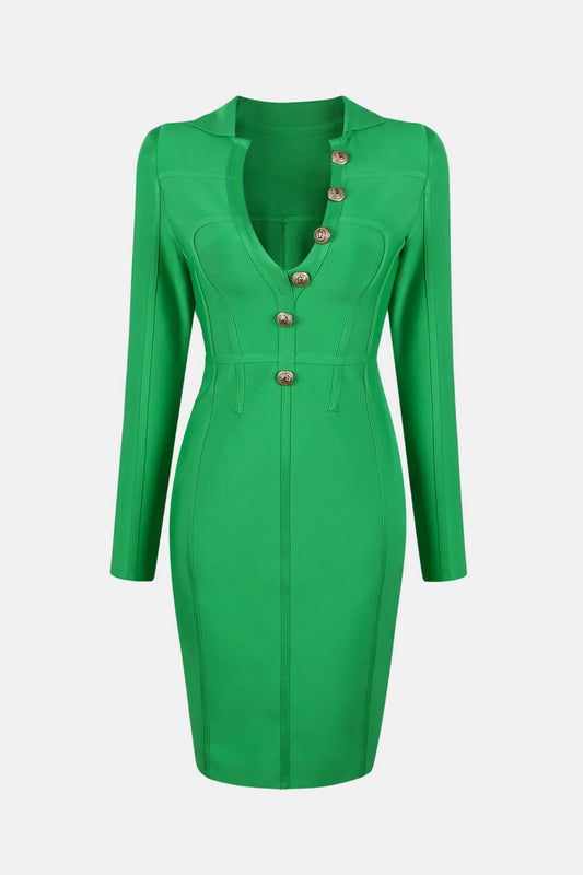 Decorative Button Back Slit Johnny Collar Bodycon Dress