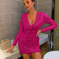 Sequin Surplice Long-Sleeve Mini Dress