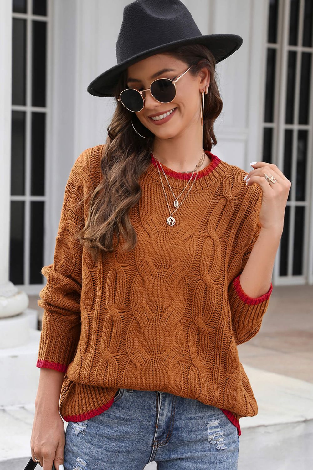 Contrast Trim Cable-Knit Sweater