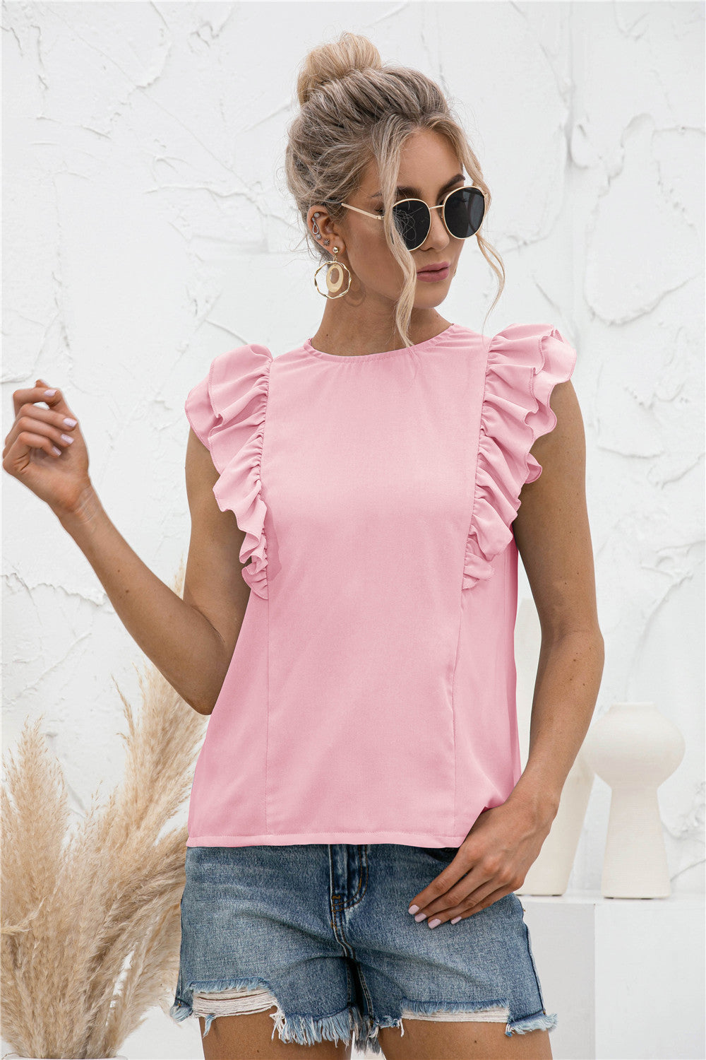 Ruffle Shoulder Tie-Back Crewneck Top
