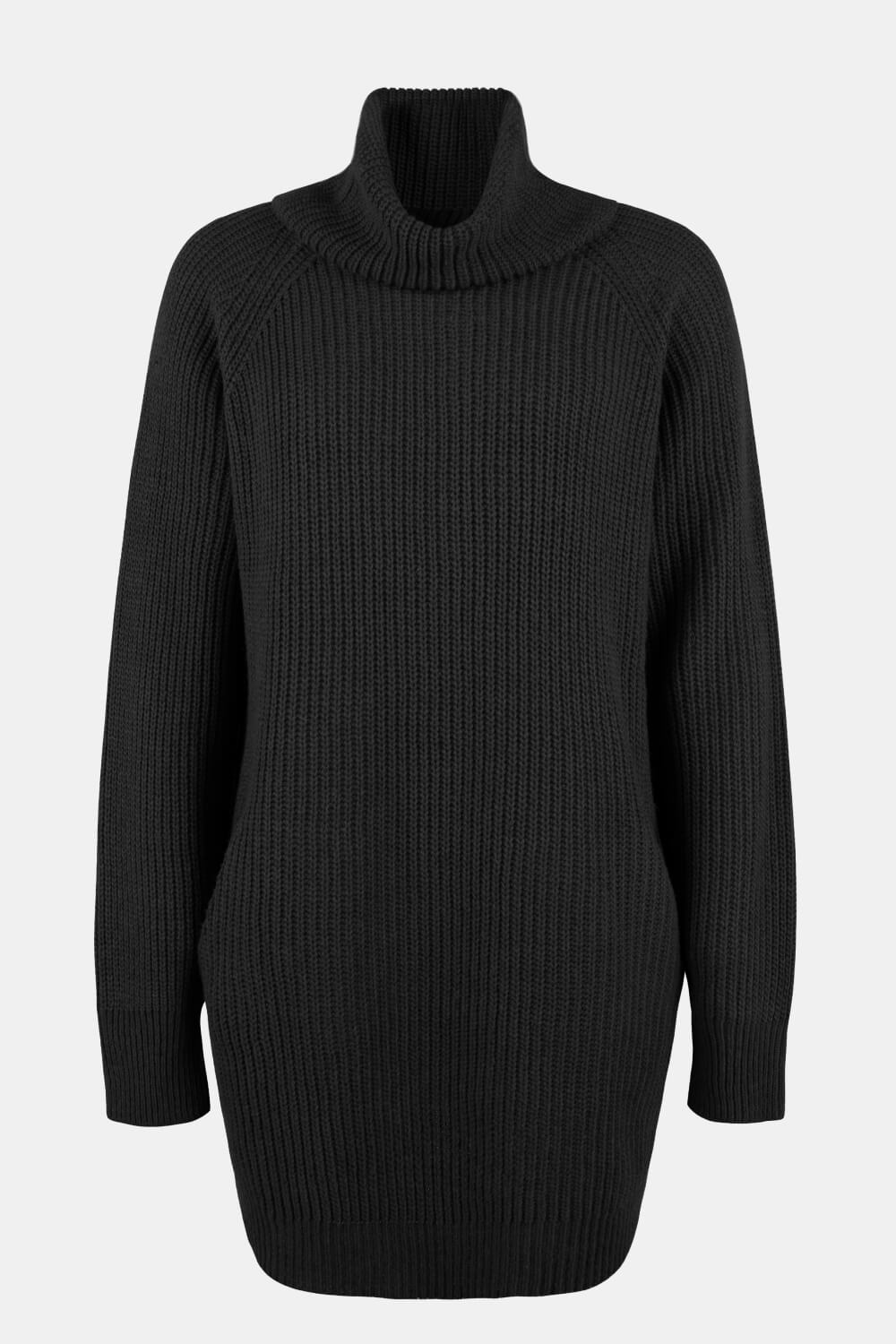 Turtleneck Raglan Sleeve Rib-Knit Dress with Pockets