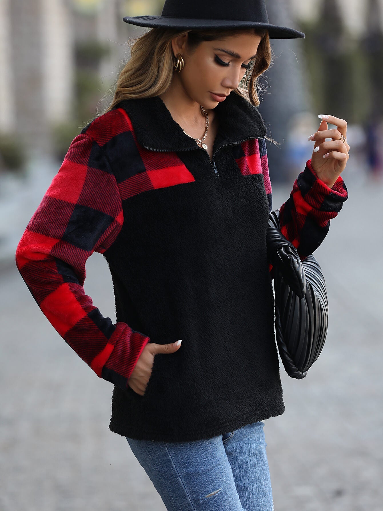 Plaid Quarter-Zip Spliced Fleece Sweatshirt with Pockets