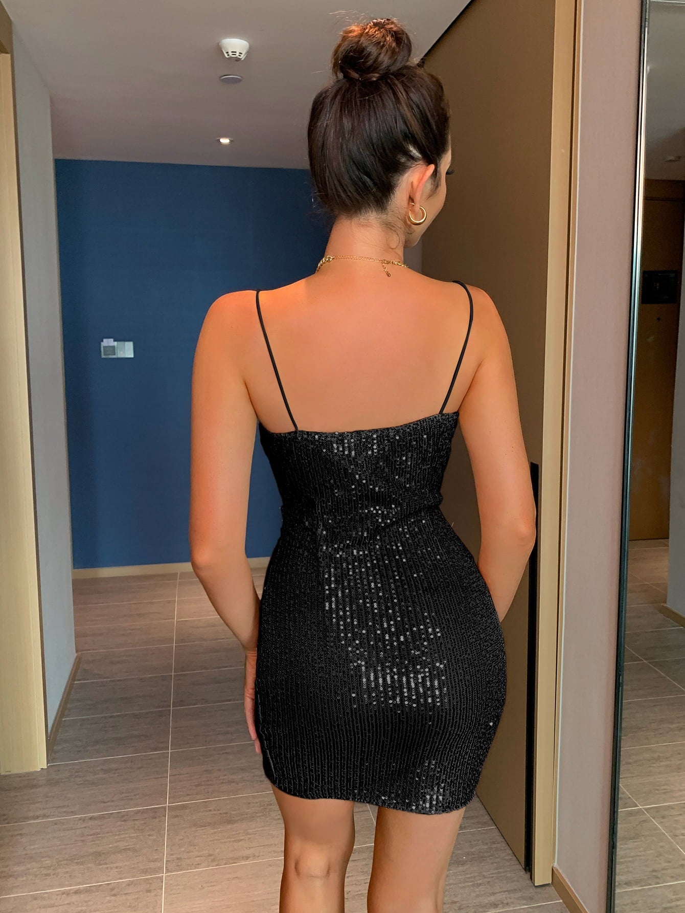 Sequin Ruched Spaghetti Strap Mini Dress