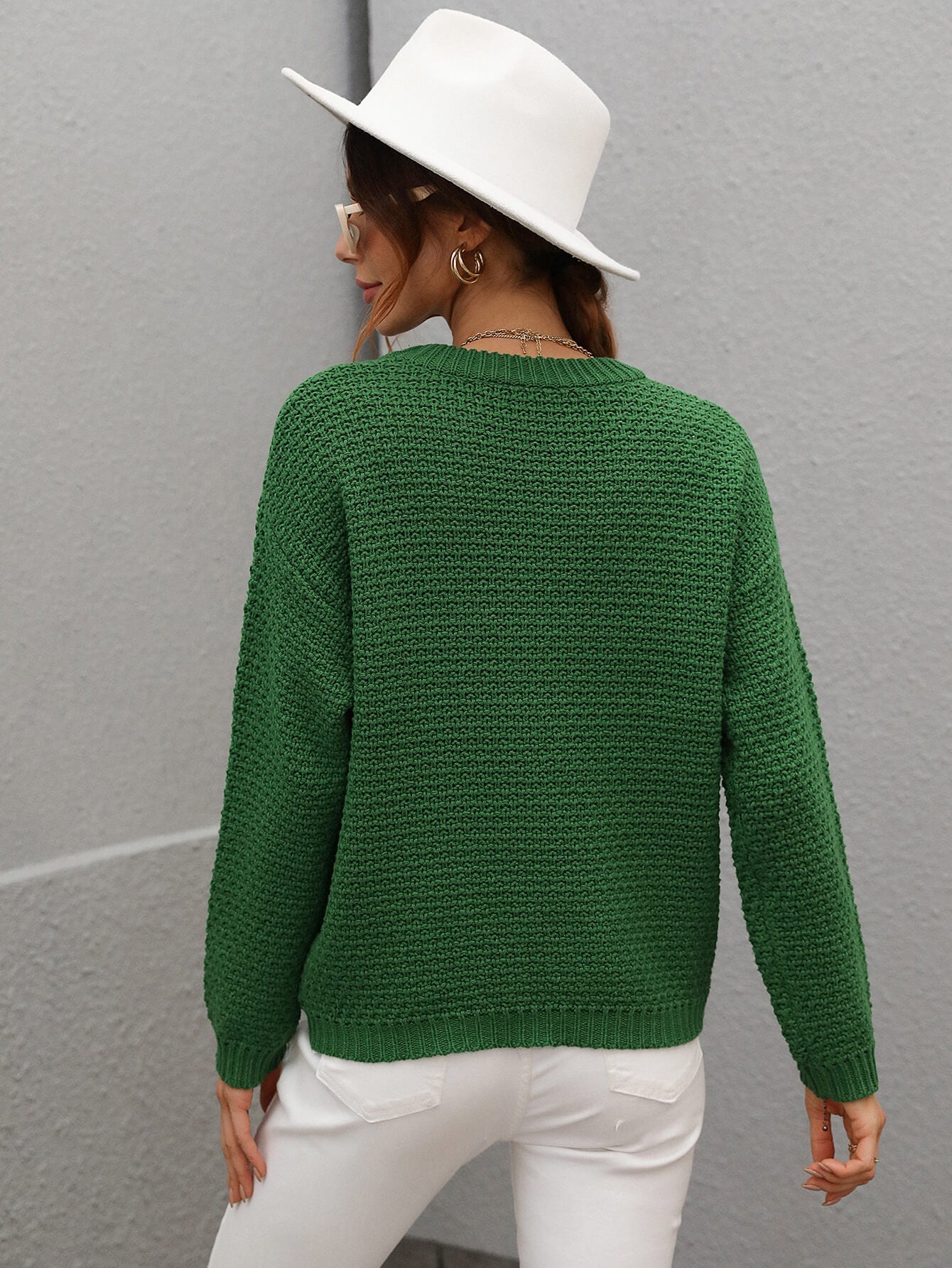 Drop Shoulder Round Neck Ribbed Cuff Sweater