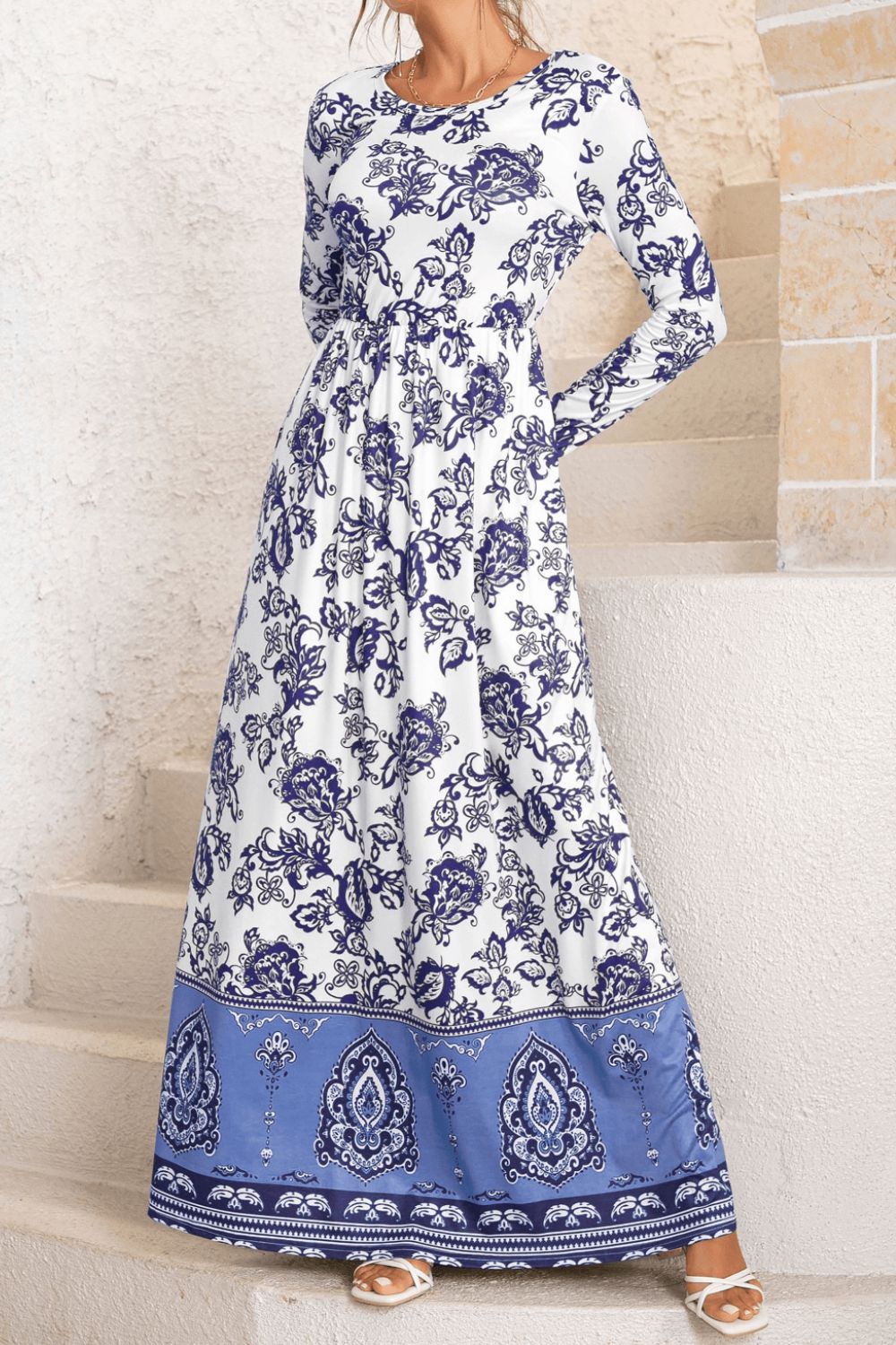 Bohemian Long Sleeve Maxi Dress with Pockets