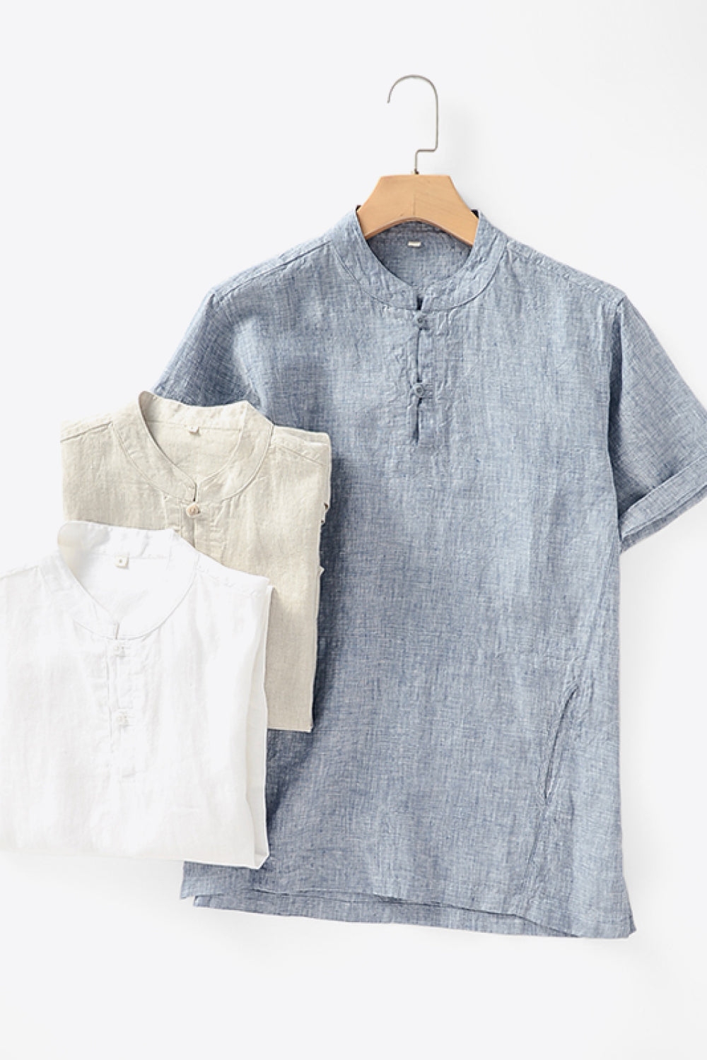 Buttoned Round Neck Short Sleeve Linen Tee