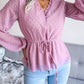 Swiss Dot Frill Trim Drawstring Waist Peplum Blouse