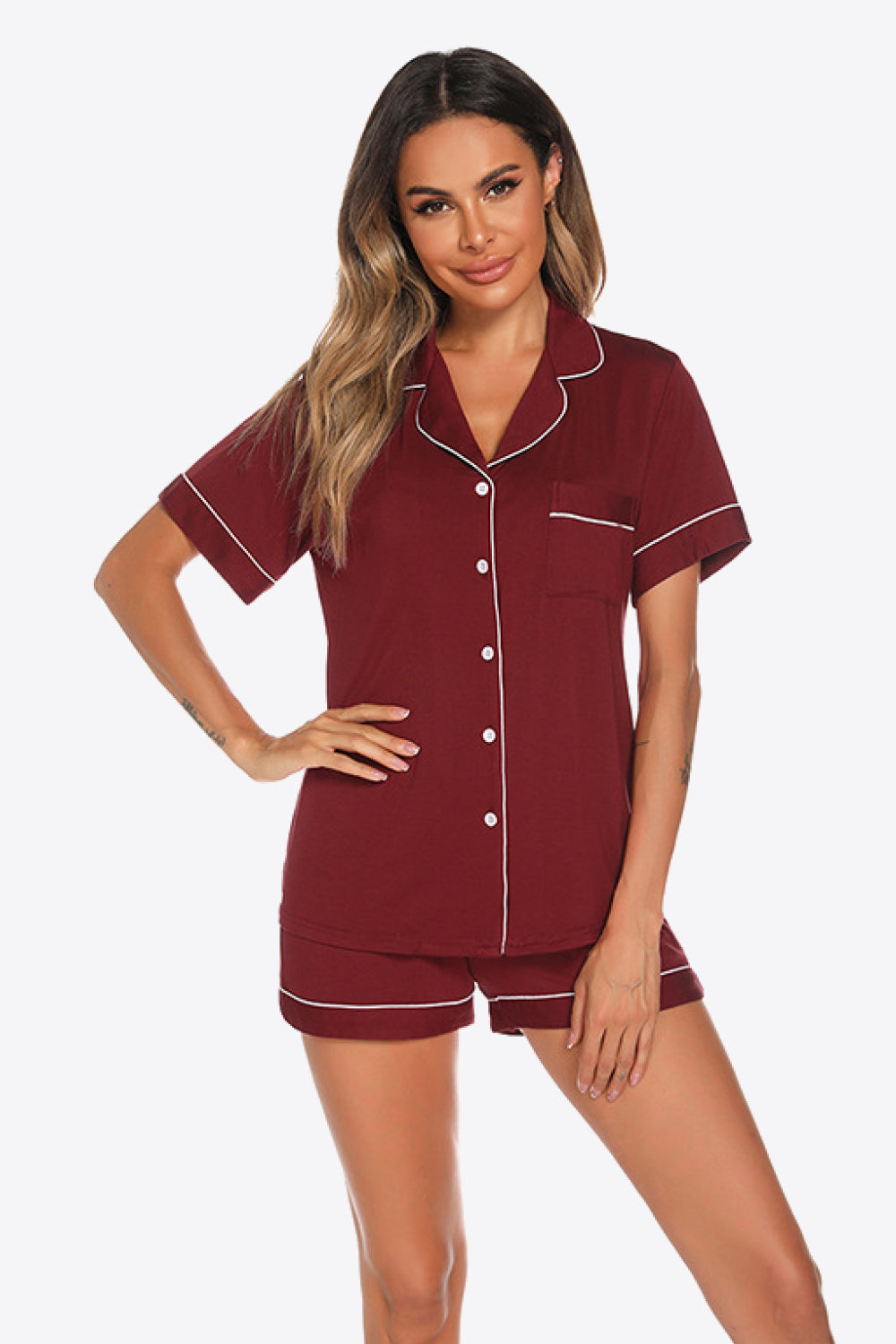 Contrast Piping Button Front Top and Shorts Lounge Set