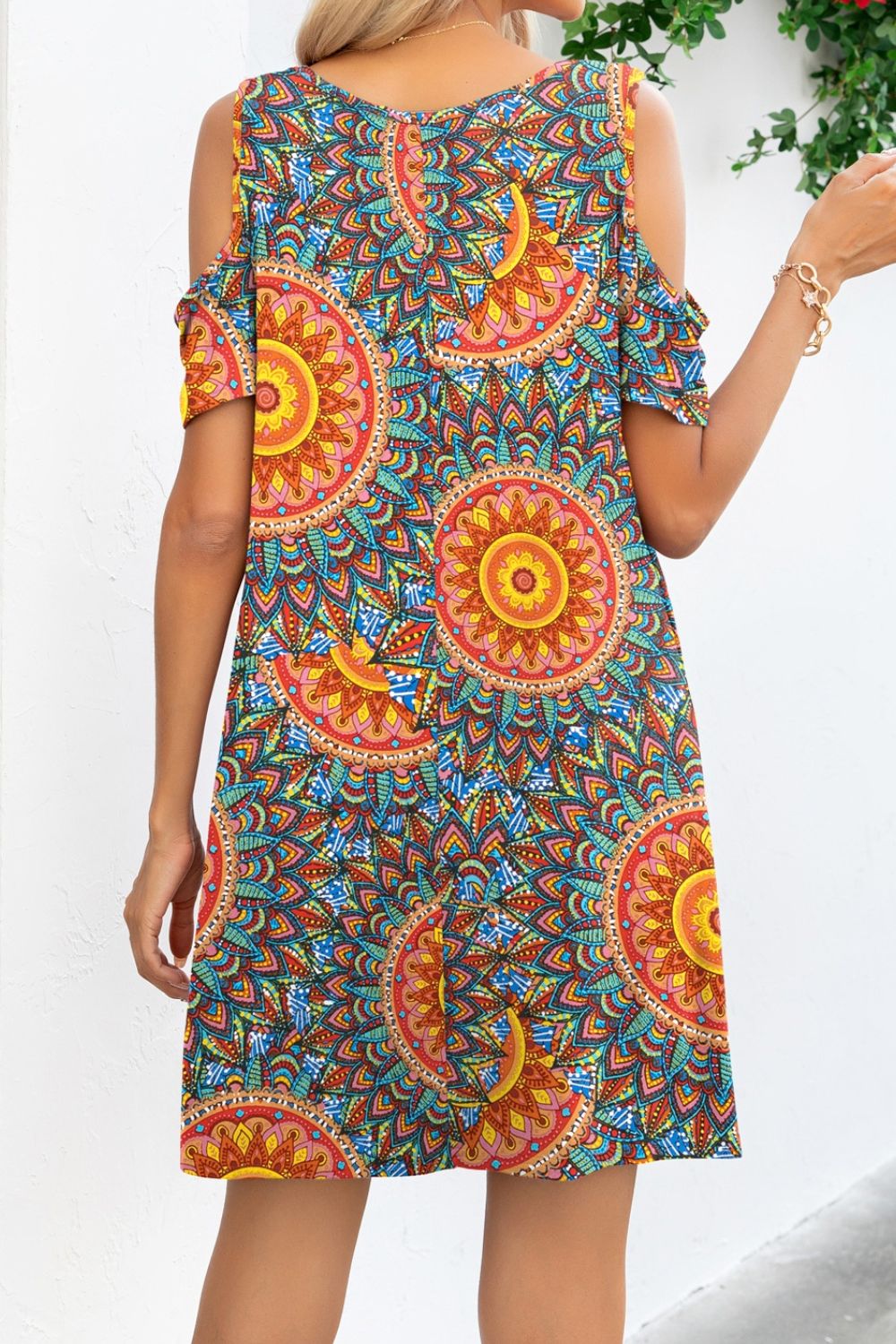 Printed Round Neck Cold-Shoulder Dress