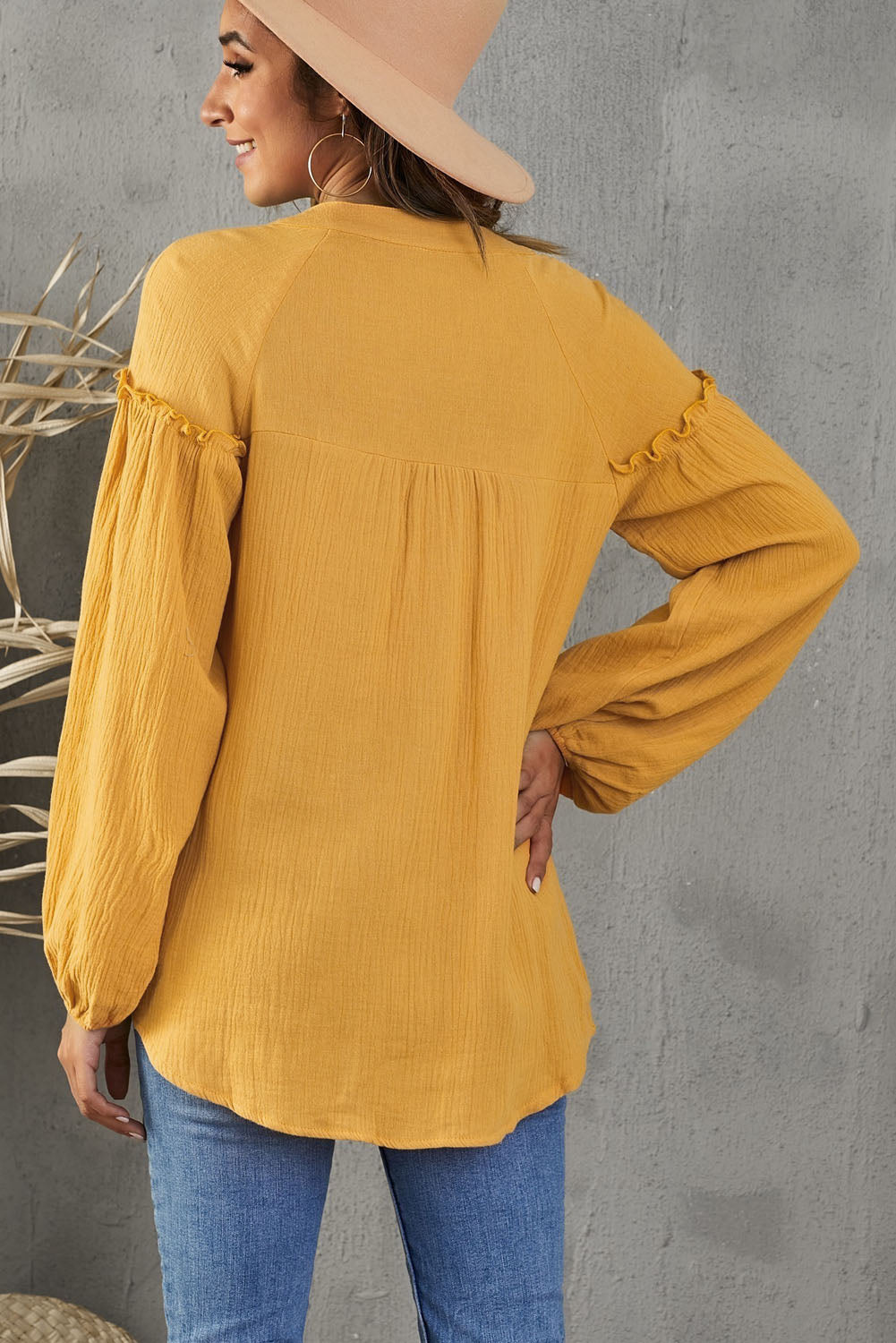 Balloon Sleeve Frill Trim Notched Neck Blouse