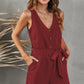 Tie-Waist Buttoned Plunge Sleeveless Romper