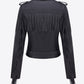Zip Up Fringe Trim Buckle PU Leather Jacket