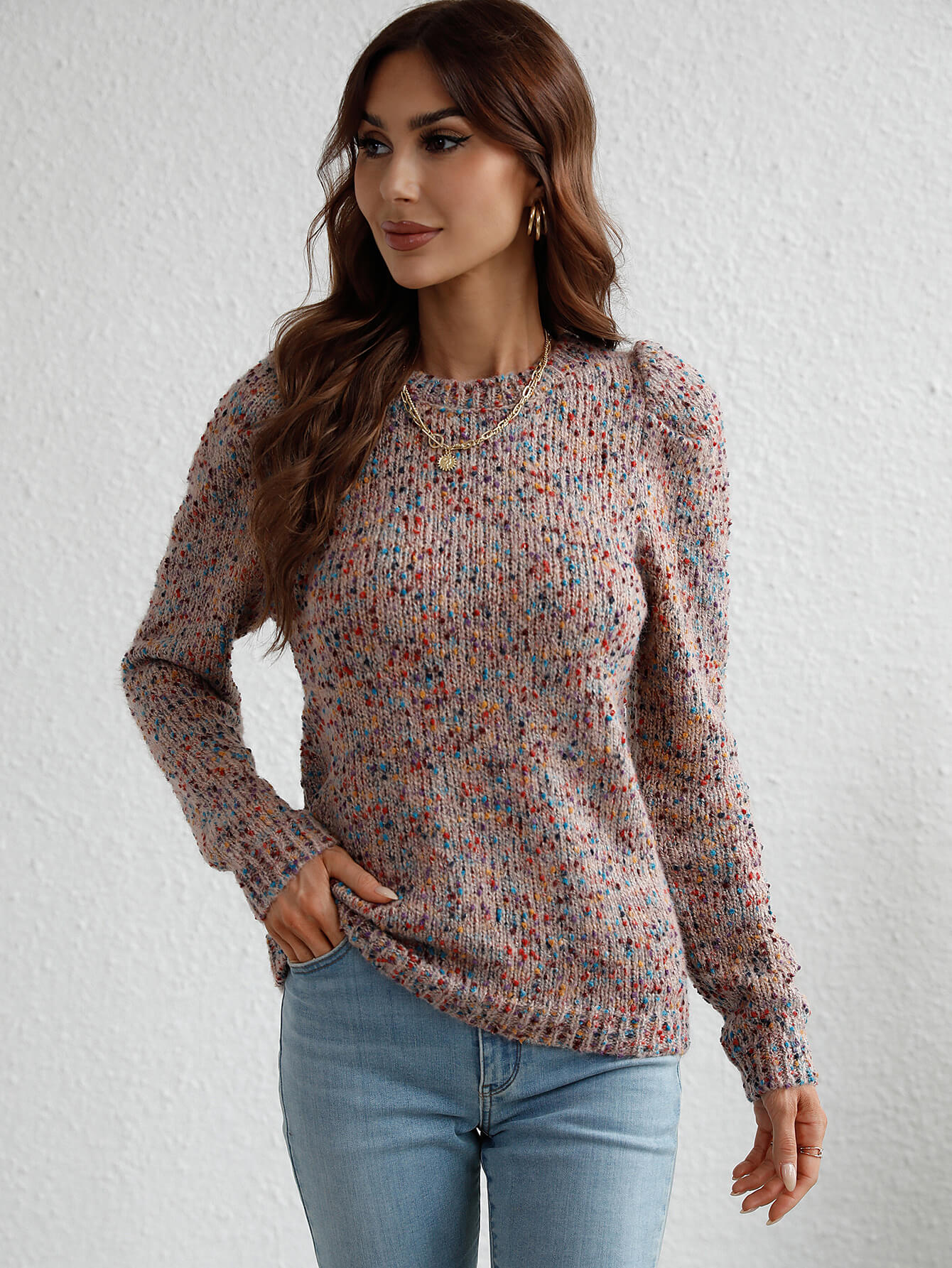 Multicolored Puff Sleeve Ribbed Trim Sweater