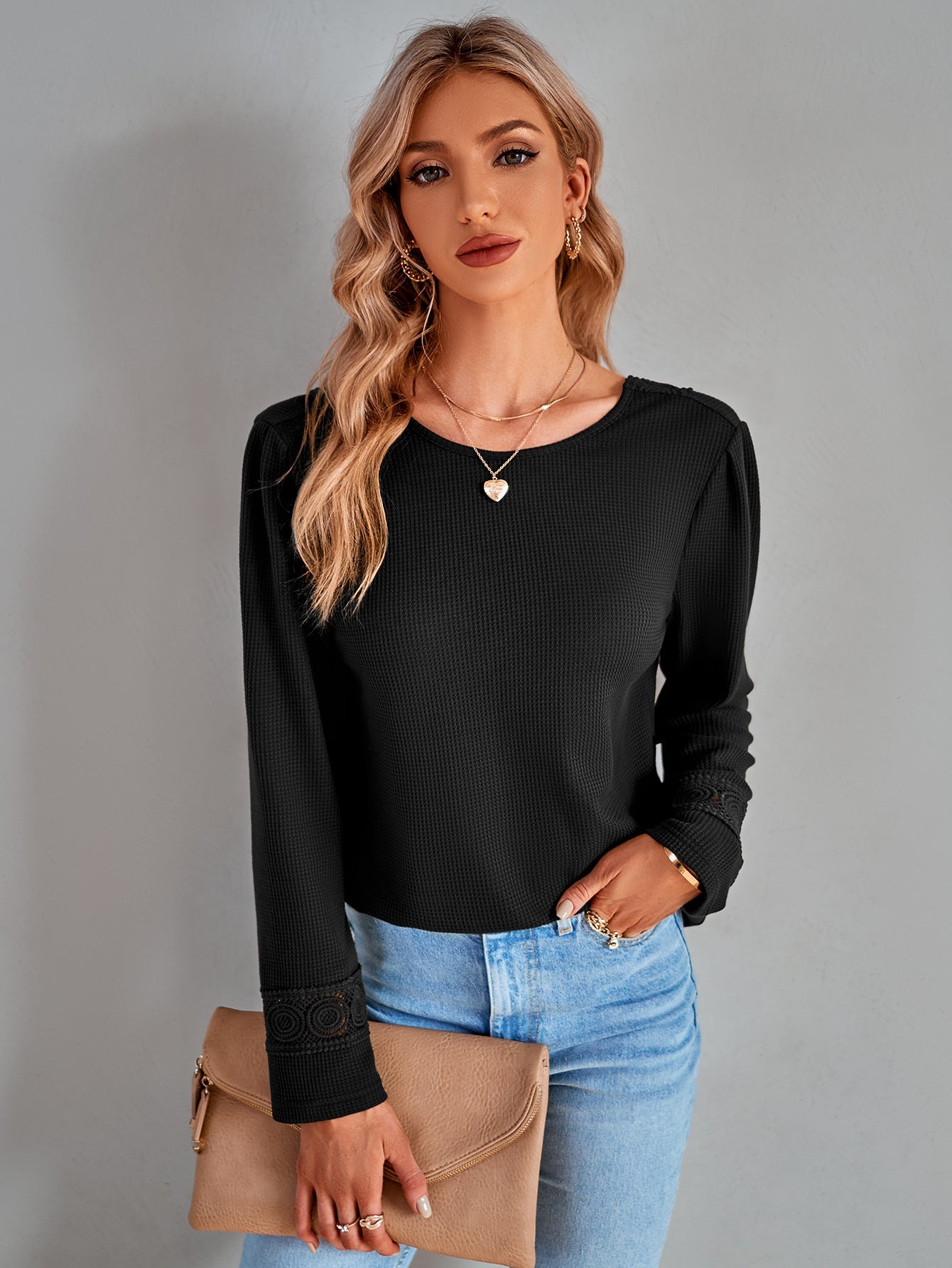 Lace Trim Waffle-Knit Round Neck Top