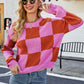 Checkered Round Neck Dropped Shoulder Knit Pullover