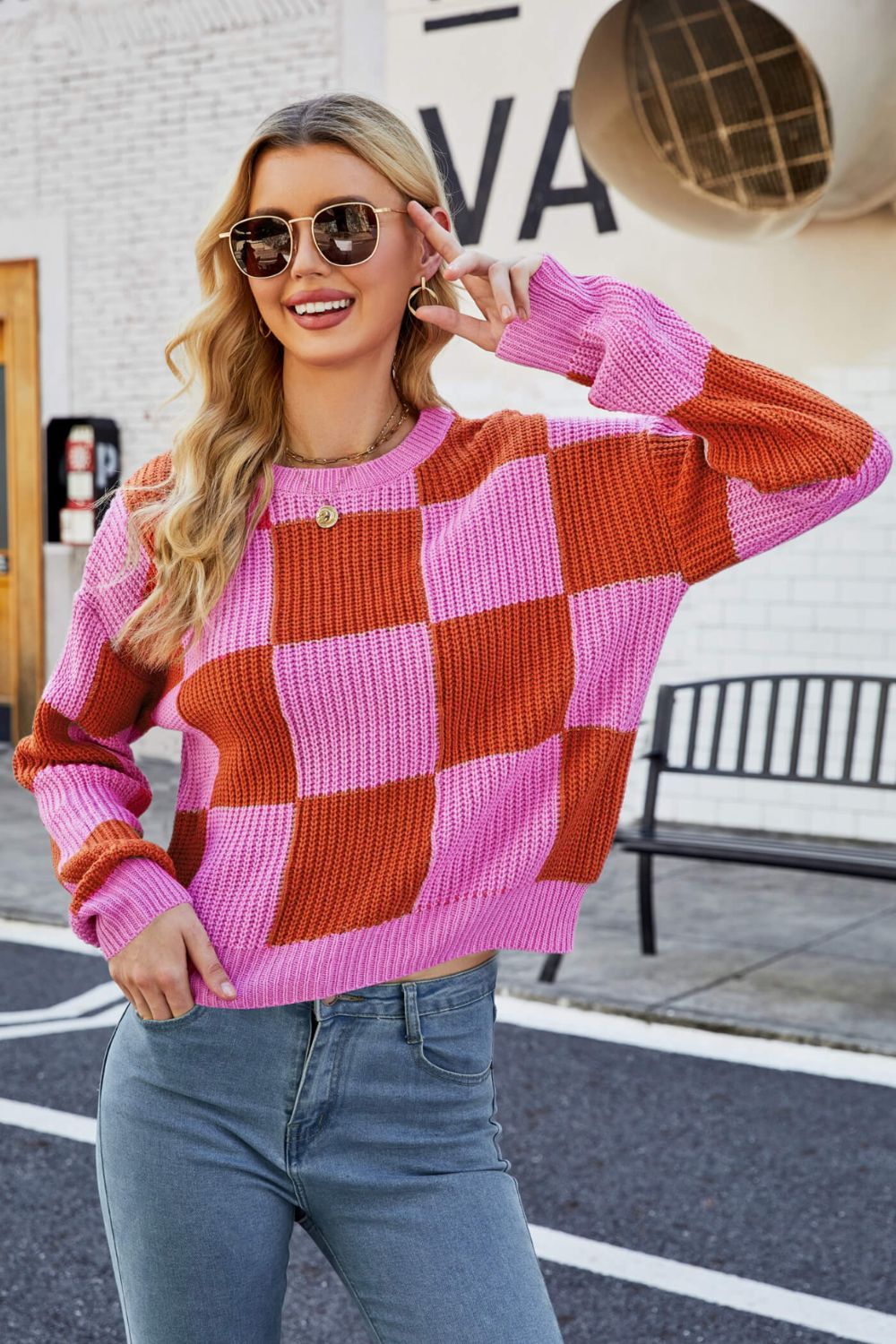 Checkered Round Neck Dropped Shoulder Knit Pullover