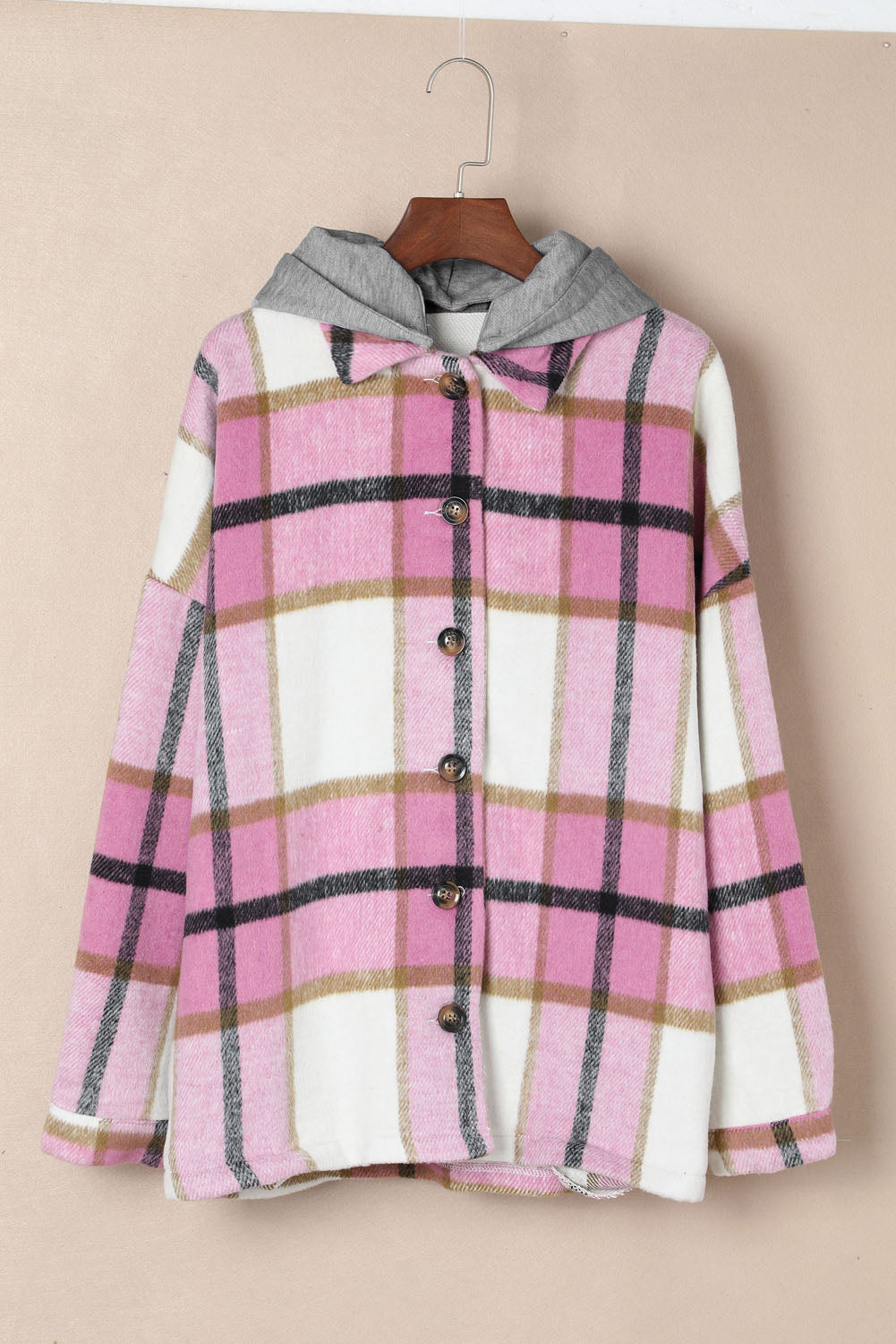 Plaid Button Front Brushed Hooded Jacket