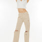 Kancan High-Rise Distressed Flare Jeans in Taupe