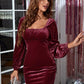Square Neck Ruched Long Sleeve Mini Dress
