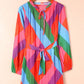 Multicolored Tie-Waist Pleated Balloon Sleeve Dress