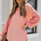 Spliced Lace Balloon Sleeve Waffle-Knit Tunic Top
