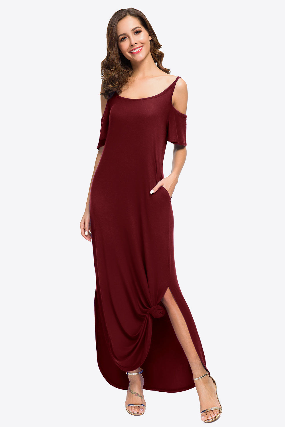 Cold-Shoulder Split Maxi Dress with Pockets