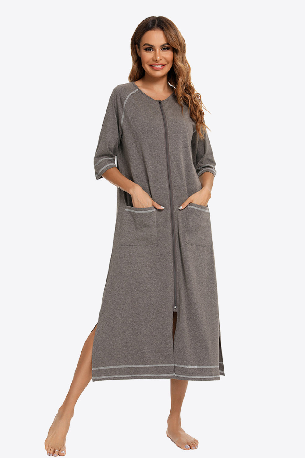 Zip Up Slit Night Dress with Pockets