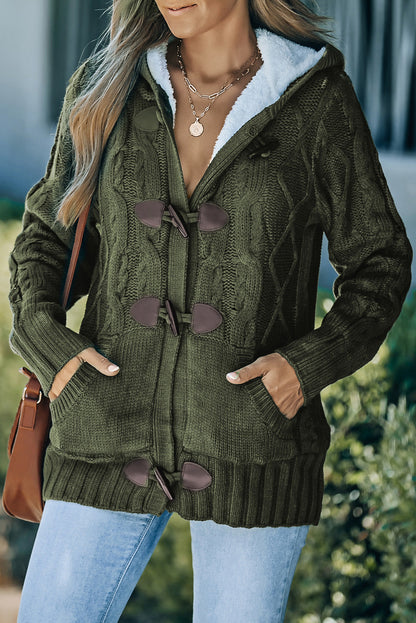 Fleece Lined Cable-Knit Toggle Hooded Cardigan