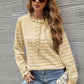 Striped Half-Button Frill Trim Sweater