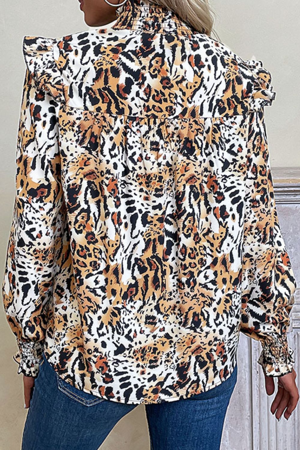 Printed Mock Neck Ruffle Shoulder Top