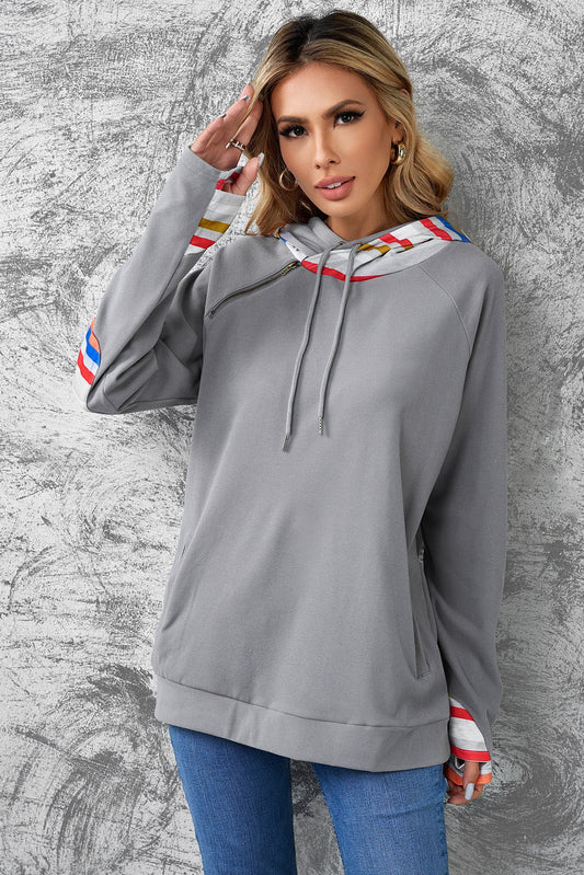 Rainbow Stripe Zipper Detail Elbow Patch Hoodie