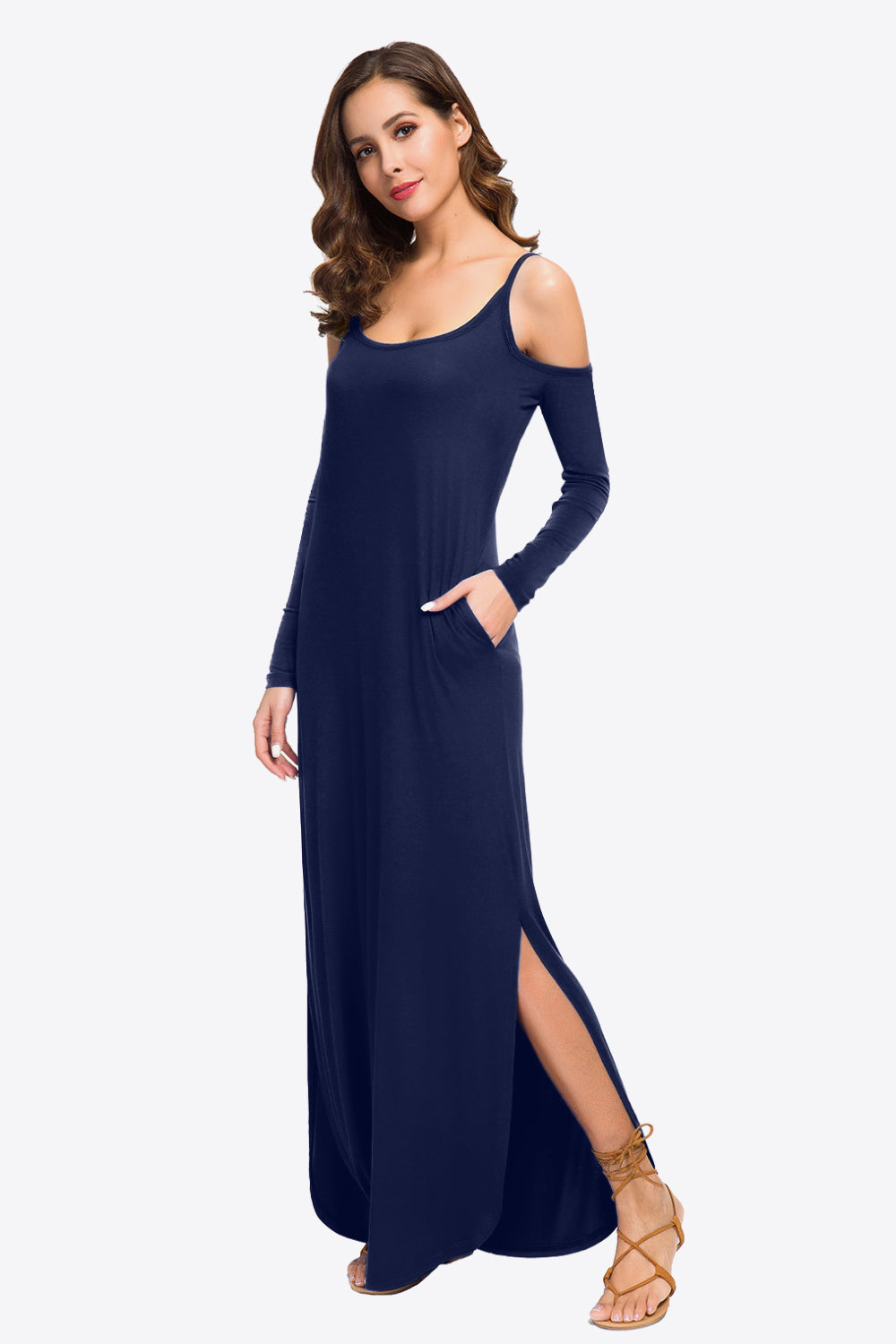 Cold-Shoulder Split Dress with Pockets