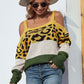 Leopard Print Color Block Square Neck Sweater