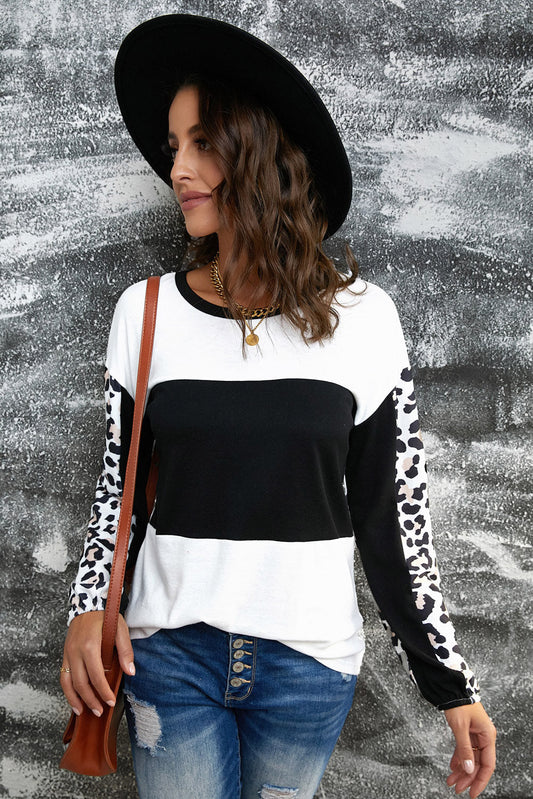 Leopard Print Color Block Long Sleeve Tee