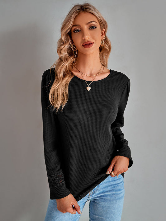 Lace Trim Waffle-Knit Round Neck Top