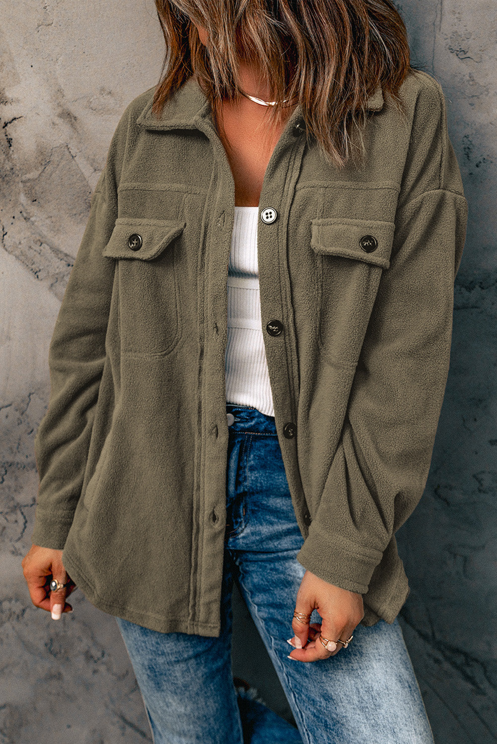 Turn Down Collar Buttoned Shirt Jacket
