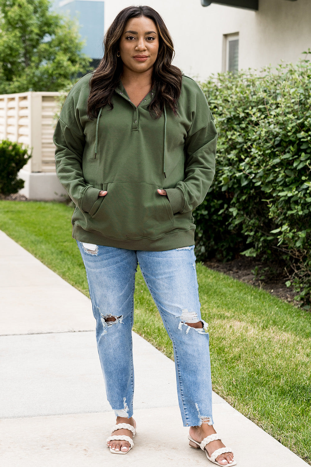 Snap Down Drawstring Hoodie with Kangaroo Pocket
