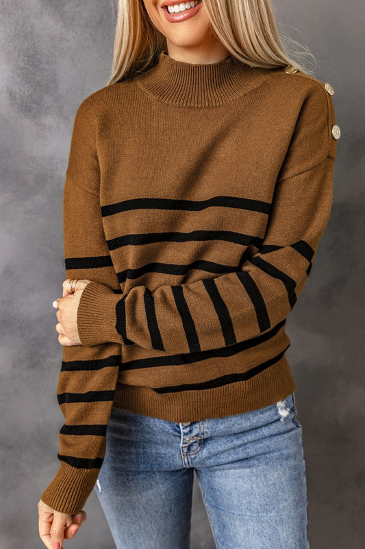 Striped Button Detail Mock Neck Sweater