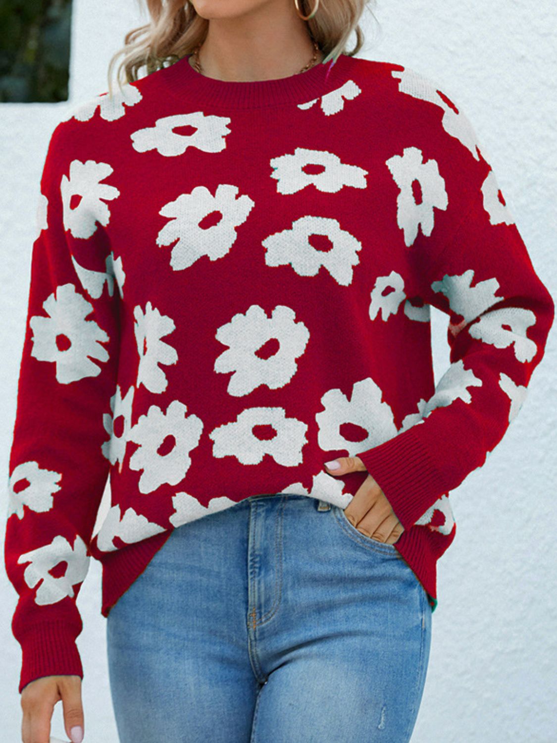 Floral Ribbed Trim Knit Sweater