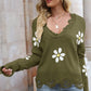 Flower Distressed Ribbed Trim Sweater
