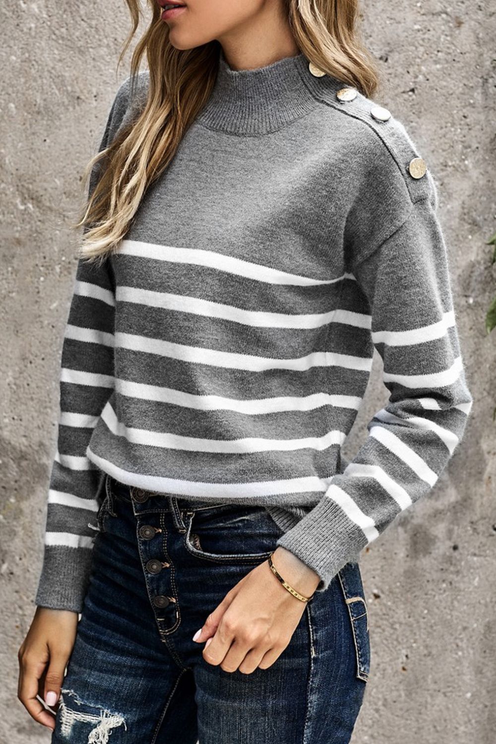 Striped Button Detail Mock Neck Sweater