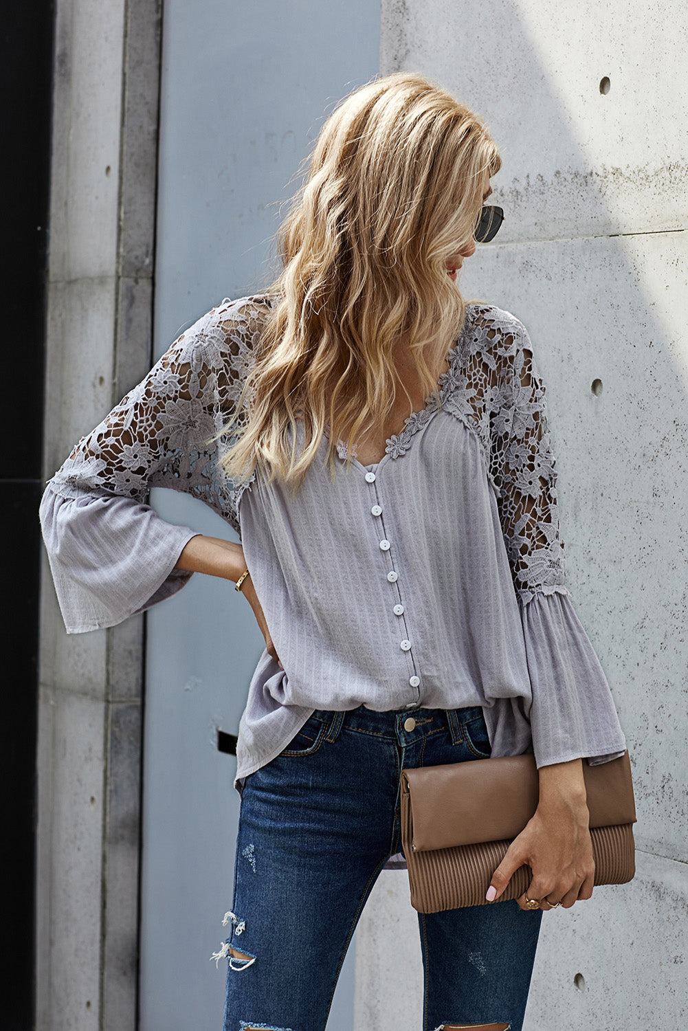 Spliced Lace Bell Sleeve Buttoned Blouse
