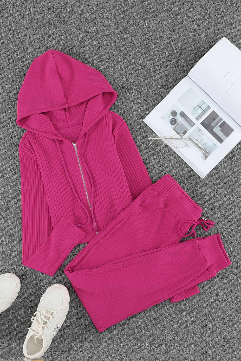 Zip-Up Ribbed Hoodie and Joggers Lounge Set