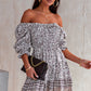 Printed Off-Shoulder Pleated Dress