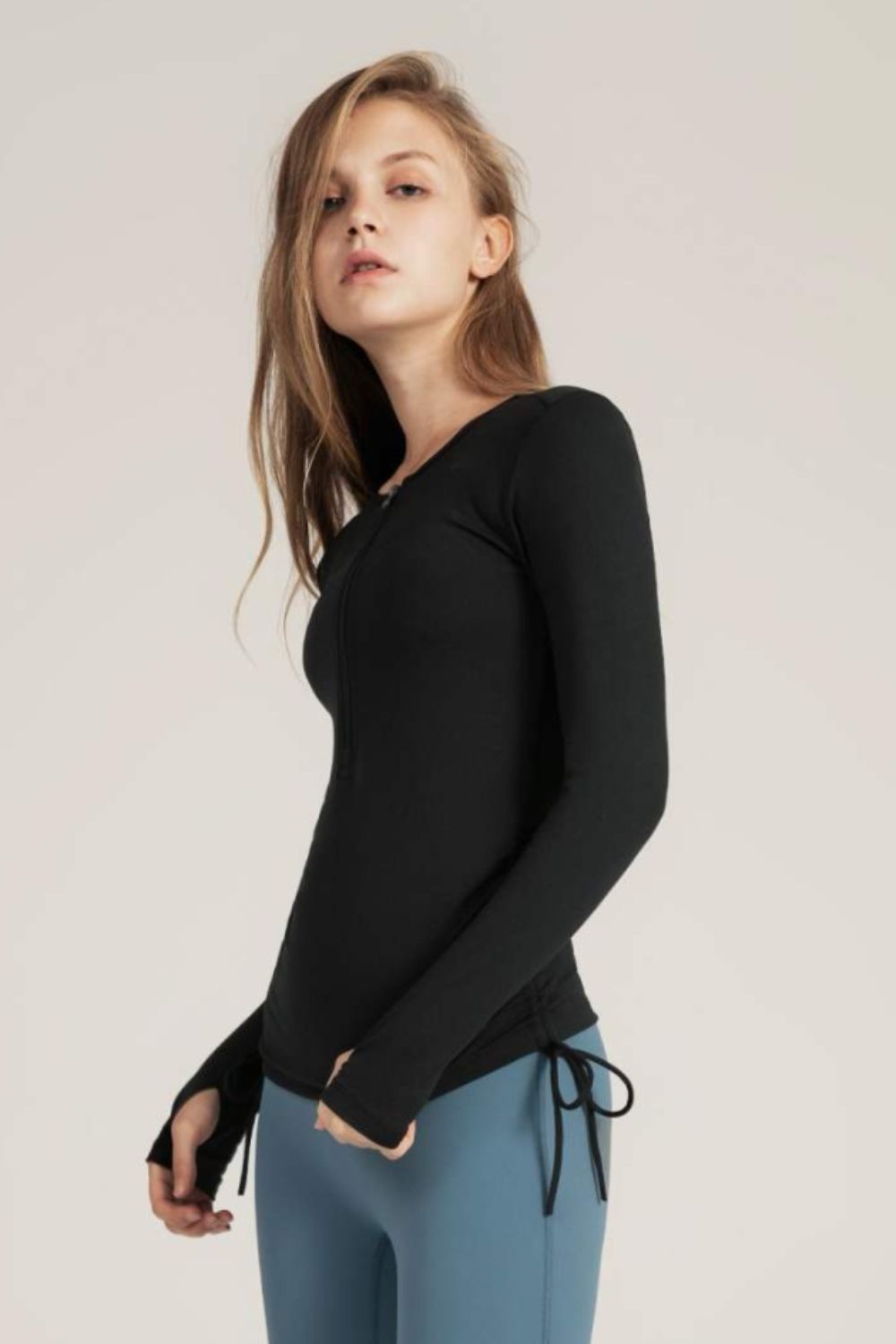 Half-Zip Drawstring Long Sleeve Sports Top
