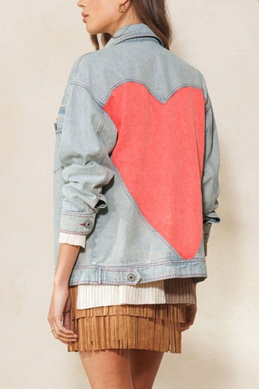 ODDI Full Size Contrast Heart Denim Jacket